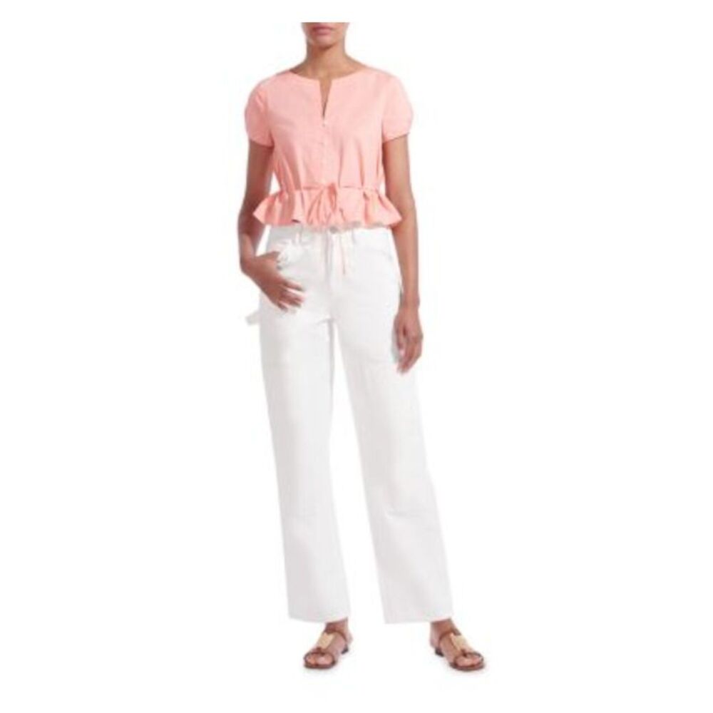 STAUD Womens White Denim Zippered Pocketed High Rise Painter Cargo Jeans 6